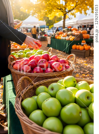 A female in her 30s, happy and joyful, examines fresh apples at an outdoor market on a sunny autumn day with trees in the background 129295853