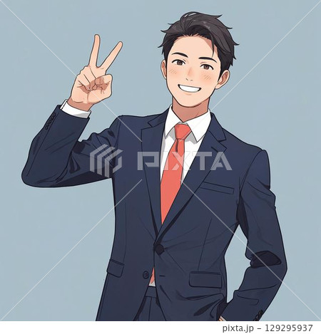 ピースサインを見せるスーツ姿の若いビジネスマン（白背景） 129295937