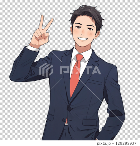 ピースサインを見せるスーツ姿の若いビジネスマン（白背景） 129295937