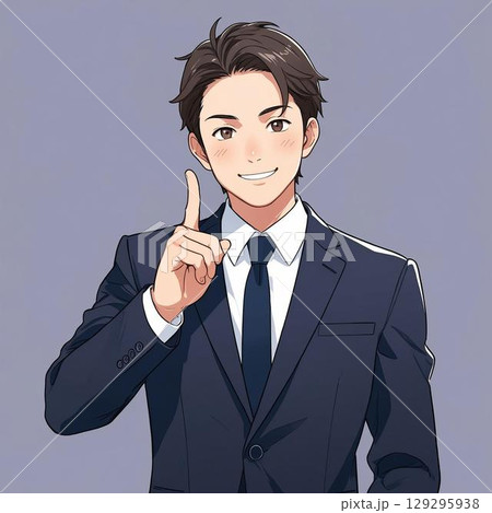人差し指を立てて説明するスーツ姿の男性（白背景） 129295938