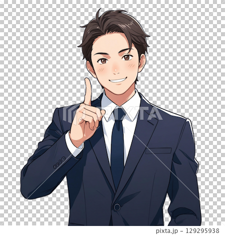 人差し指を立てて説明するスーツ姿の男性（白背景） 129295938