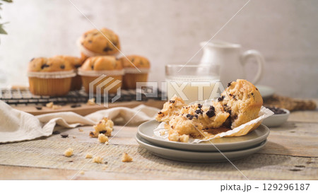 Chocolate chip muffins with milk Chocolate chip muffins with milk 129296187