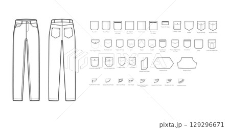 Set of Jeans with pockets - Denim technical fashion illustration with Patch, Rounded, traditional Kangaroo angled 5, Set of Jeans with pockets - Denim technical fashion illustration with Patch, Rounded, traditional Kangaroo angled 5, 129296671
