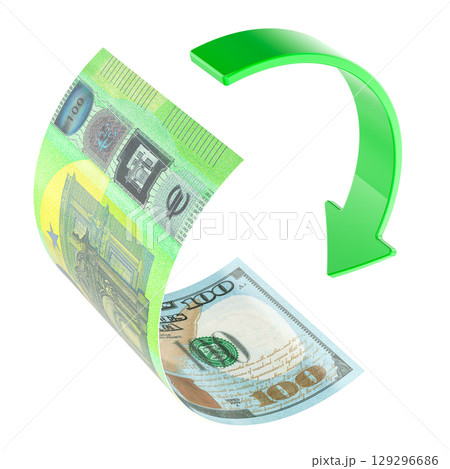 Currency exchange concept. Euro and Dollar bills with green arrow. 3D rendering Currency exchange concept. Euro and Dollar bills with green arrow. 3D rendering 129296686