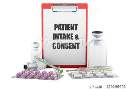 Patient intake and consent form, medical clipboard with medication. 3D rendering Patient intake and consent form, medical clipboard with medication. 3D rendering 129296695
