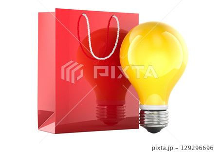 Shopping bag with yellow light bulb. Creative idea and innovation in shopping concept. 3D rendering 129296696