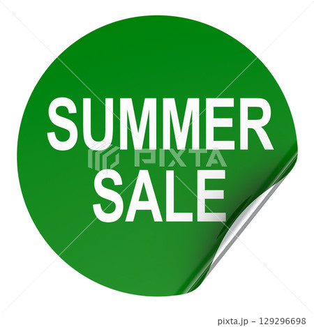 Summer sale sticker, green round label with curled corner. 3D rendering Summer sale sticker, green round label with curled corner. 3D rendering 129296698