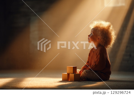 Candid Moment of Child Playing with Wooden Toys on Carpet in Soft Light and Warm Ambiance 129296724
