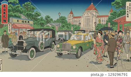 ノスタルジックな風景！大正ロマン風のイラストで描かれた街並み 129296791