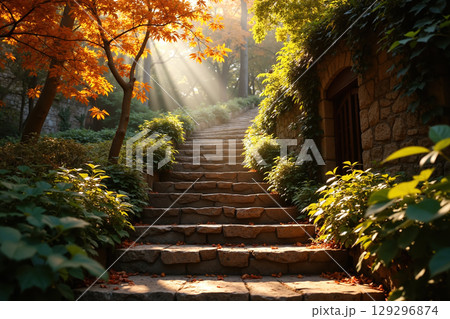 Stone staircase surrounded by trees and foliage. 129296874