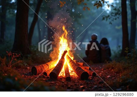 Couple by campfire in forest. 129296880
