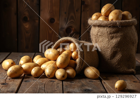 Potatoes spilling from burlap sack. 129296927