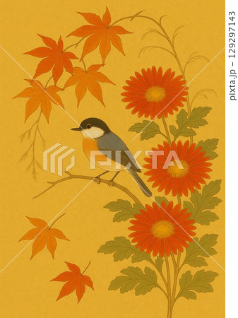 秋菊とヤマガラと紅葉 129297143