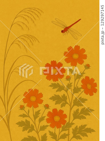 赤い菊と赤とんぼの秋の背景 129297145