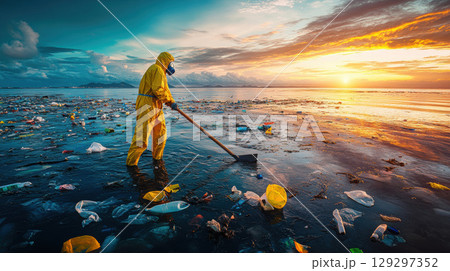 aerial view plastic waste sunset person 129297352