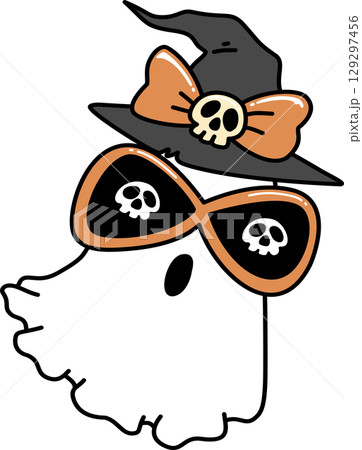 Retro Groovy Halloween Ghost Wearing Witch Hat and Glasses 129297456