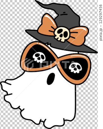 Retro Groovy Halloween Ghost Wearing Witch Hat and Glasses 129297456