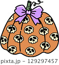 Retro Groovy Halloween Pumpkin with Skulls and Bow Illustration 129297457