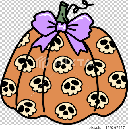 Retro Groovy Halloween Pumpkin with Skulls and Bow Illustration 129297457
