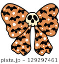 Retro Groovy Halloween Bow with Bats and Skull Cartoon Illustration 129297461
