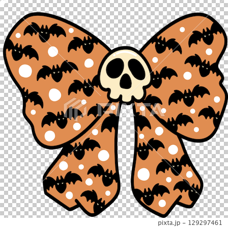 Retro Groovy Halloween Bow with Bats and Skull Cartoon Illustration 129297461
