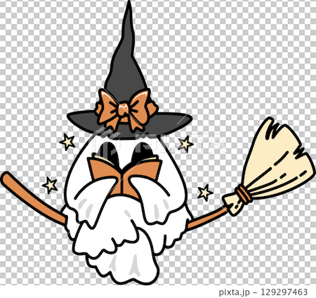 Retro Groovy Halloween Ghost Witch Reading a Book	 129297463