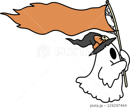 Retro Groovy Ghost Holding a halloween flag Retro Groovy Ghost Holding a halloween flag 129297464