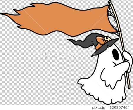 Retro Groovy Ghost Holding a halloween flag	 129297464