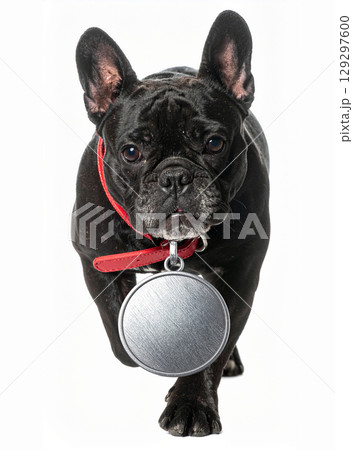 無地のメダルをつけて歩いてくる黒いフレンチブルドッグ 無地のメダルをつけて歩いてくる黒いフレンチブルドッグ 129297600