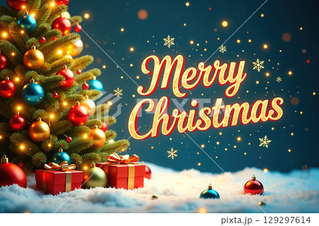 Decorated Christmas tree with presents and ornaments. 129297614