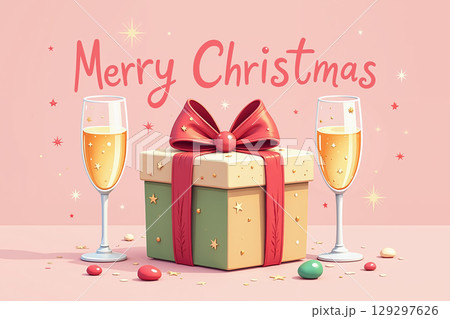 Champagne glasses and gift box on pink background with stars. Champagne glasses and gift box on pink background with stars. 129297626