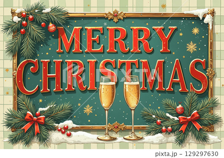 Merry Christmas sign with champagne glasses and pine branches. 129297630