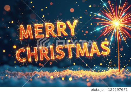Glowing Merry Christmas text with sparkles. 129297671