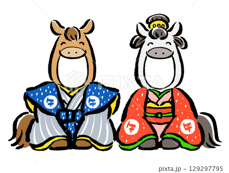 顔はめ年賀状素材2人用　午年の訪れを祝う干支の馬（午）の男女 129297795