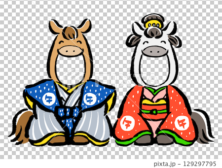 顔はめ年賀状素材2人用　午年の訪れを祝う干支の馬（午）の男女 129297795