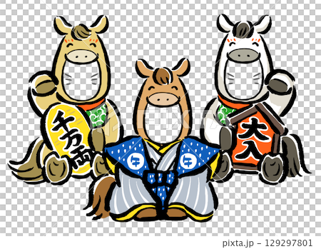 3人份插臉賀年卡素材－馬（十二生肖之一）慶祝馬年的到來 129297801