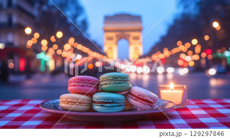 RV truck in camping site with landscape of American Wild West with desert sandstones. 129297846