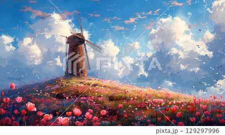 Artistic painting of rural countryside scene with traditional windmill 129297996