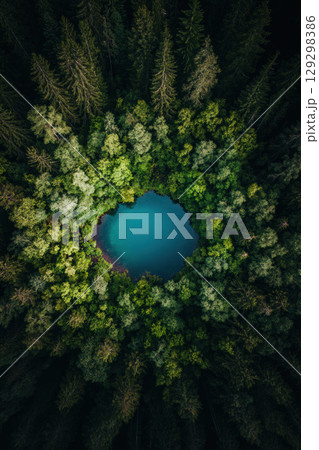 aerial view forest foliage lake green 129298386