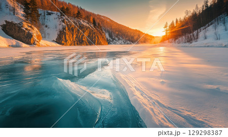 winter landscape sunset mountains river sun 129298387
