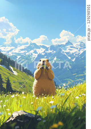illustration dog grassy meadow mountain range 129298501