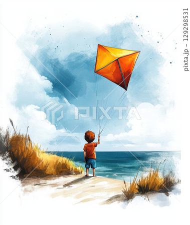 illustration boy sea kite sky hues 129298531
