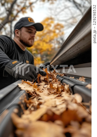 man baseball cap gutter gloves task 129298532