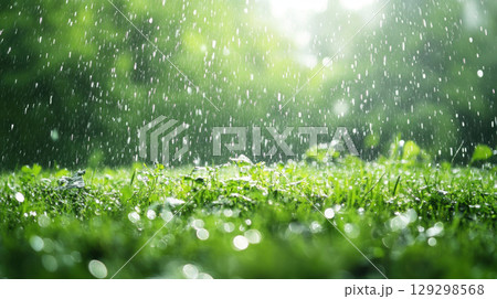 dewdrops sunlight trees background closeup green 129298568