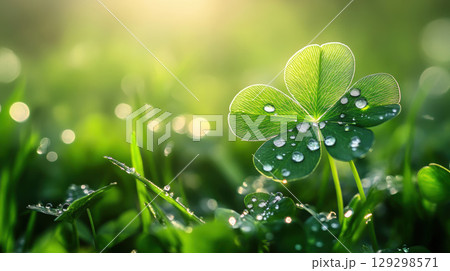 fourleaf dewdrops background closeup green set 129298571