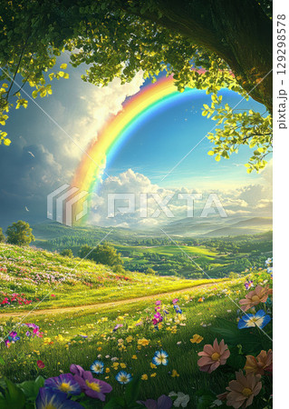 landscape meadow flowers sky rainbow brilliant 129298578