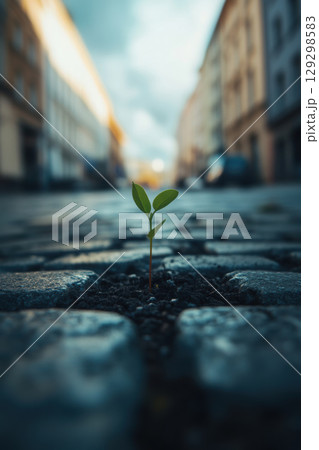plant ground cobblestone street asphalt closeup 129298583