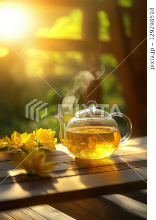 table glass teapot tea scene atmosphere 129298598
