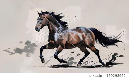 駆ける馬 水墨画風 129298652