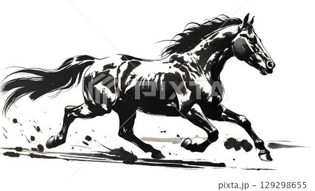 駆ける馬 水墨画風 129298655